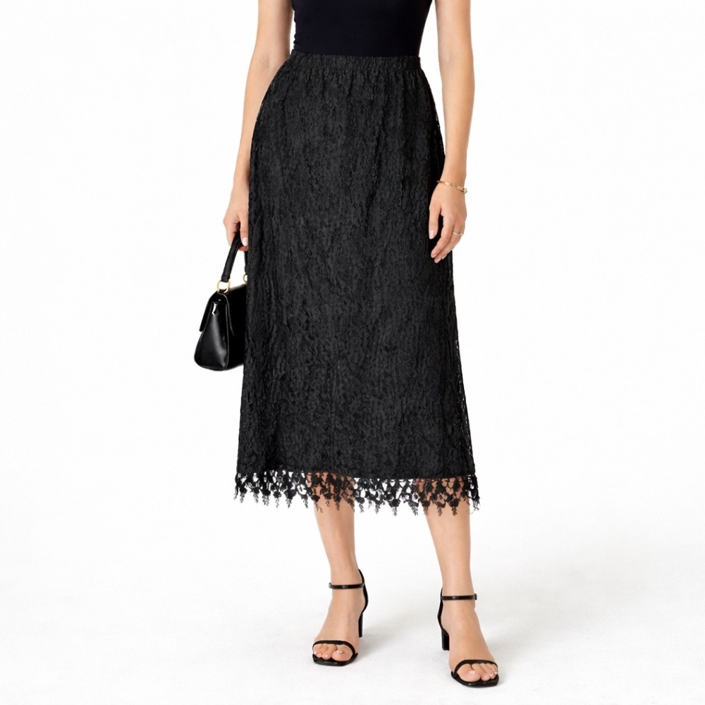 Vintage‎ Vonda D's Black Lace Midi Skirt Sheer Overlay Crochet Trim Size S Goth